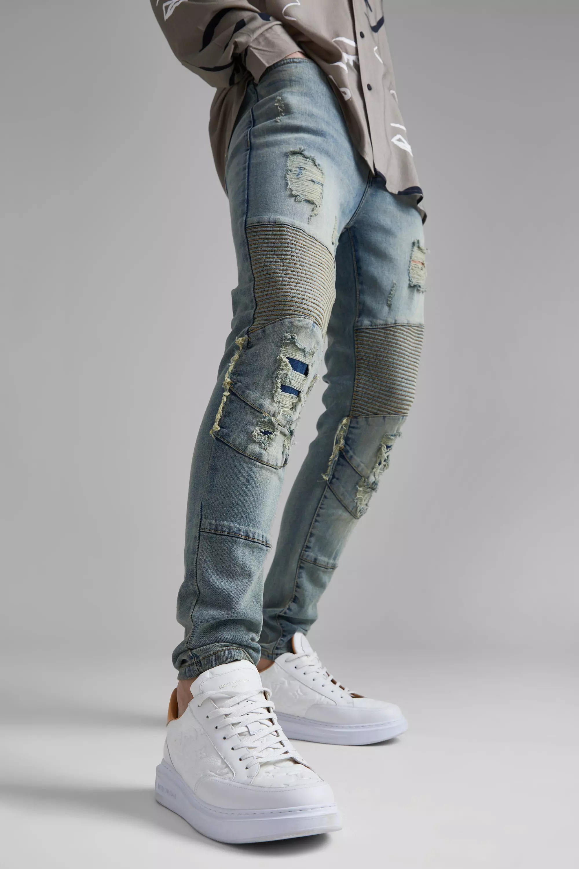 Skinny Stretch Distressed Knee Biker Jeans